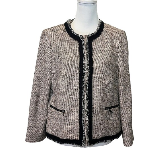 LK Bennett Tweed Fringe Blazer Women’s Size 12 Pink Shoulder Pads Zip Jacket - Picture 1 of 12